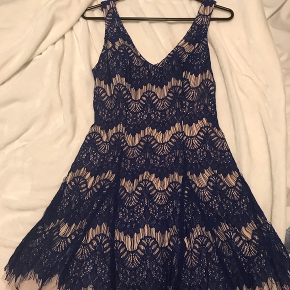 Navy blue and tan lacy dress. - Picture 1 of 2